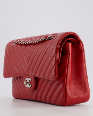 Chanel Red Chevron Medium Classic Double Flap Bag in Caviar Leather with Silver Hardware