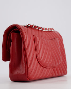 Chanel Red Chevron Medium Classic Double Flap Bag in Caviar Leather with Silver Hardware