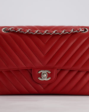 Chanel Red Chevron Medium Classic Double Flap Bag in Caviar Leather with Silver Hardware