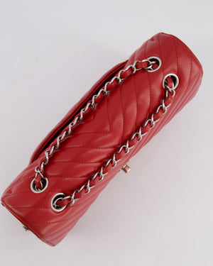 Chanel Red Chevron Medium Classic Double Flap Bag in Caviar Leather with Silver Hardware