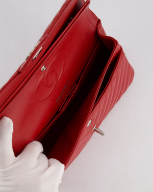 Chanel Red Chevron Medium Classic Double Flap Bag in Caviar Leather with Silver Hardware