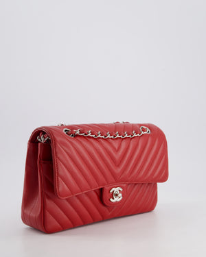 Chanel Red Chevron Medium Classic Double Flap Bag in Caviar Leather with Silver Hardware