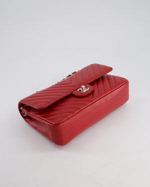 Chanel Red Chevron Medium Classic Double Flap Bag in Caviar Leather with Silver Hardware