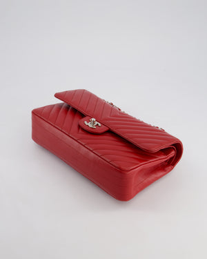 Chanel Red Chevron Medium Classic Double Flap Bag in Caviar Leather with Silver Hardware