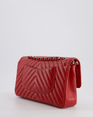 Chanel Red Chevron Medium Classic Double Flap Bag in Caviar Leather with Silver Hardware