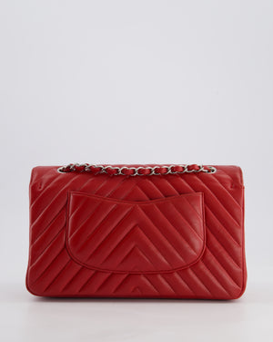 Chanel Red Chevron Medium Classic Double Flap Bag in Caviar Leather with Silver Hardware