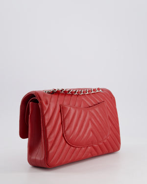 Chanel Red Chevron Medium Classic Double Flap Bag in Caviar Leather with Silver Hardware