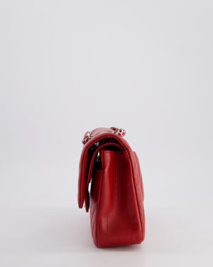 Chanel Red Chevron Medium Classic Double Flap Bag in Caviar Leather with Silver Hardware