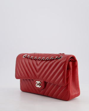Chanel Red Chevron Medium Classic Double Flap Bag in Caviar Leather with Silver Hardware