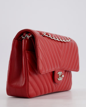 Chanel Red Chevron Medium Classic Double Flap Bag in Caviar Leather with Silver Hardware