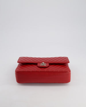 Chanel Red Chevron Medium Classic Double Flap Bag in Caviar Leather with Silver Hardware