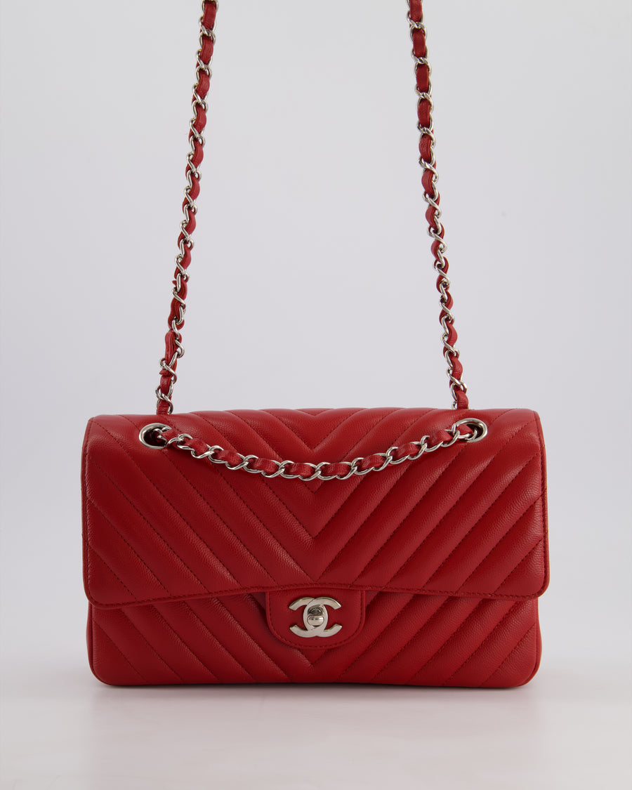 Chanel Red Chevron Medium Classic Double Flap Bag in Caviar Leather with Silver Hardware