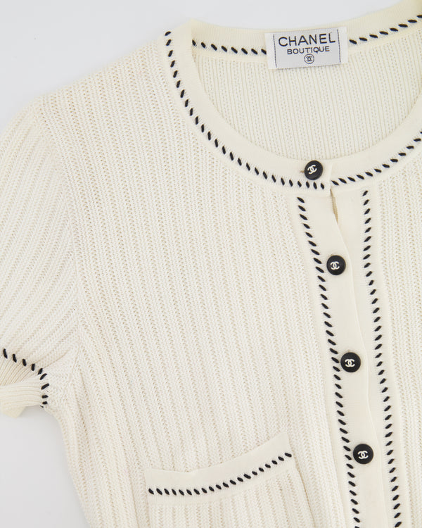 Chanel SS96 Vintage White Short-Sleeve Cardigan with Black CC Buttons Size FR 40 (UK 12)