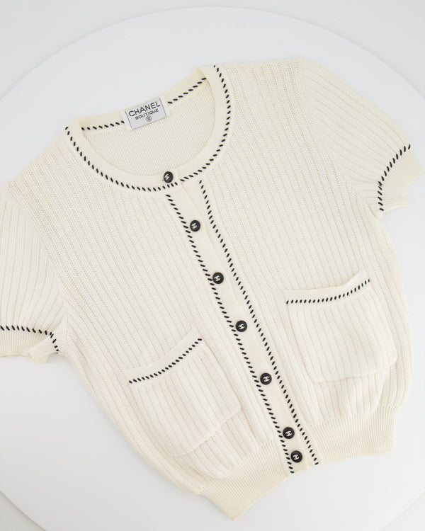 Chanel SS96 Vintage White Short-Sleeve Cardigan with Black CC Buttons Size FR 40 (UK 12)