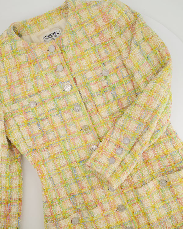 *HOT* Chanel SS96 Vintage Multicolour Pastel Tweed Dress Coat with Silver CC Button Detail FR 36/38 (UK 8/10)