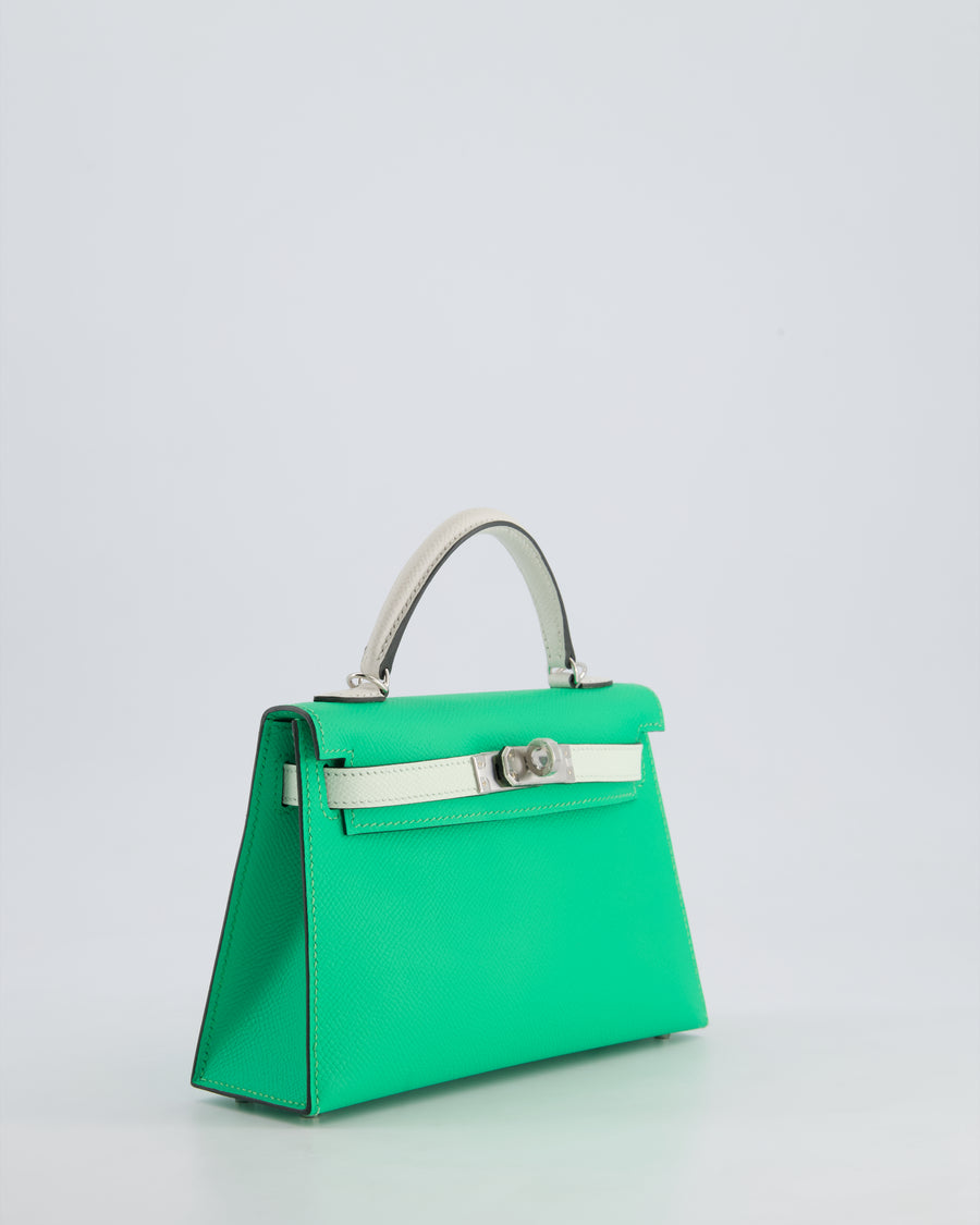 Hermès Mini Kelly II Tricolour 20cm Bag In Vert Comics, Vert Fizz and Gris Pale Epsom Leather with Palladium Hardware