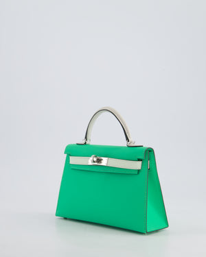Hermès Mini Kelly II Tricolour 20cm Bag In Vert Comics, Vert Fizz and Gris Pale Epsom Leather with Palladium Hardware