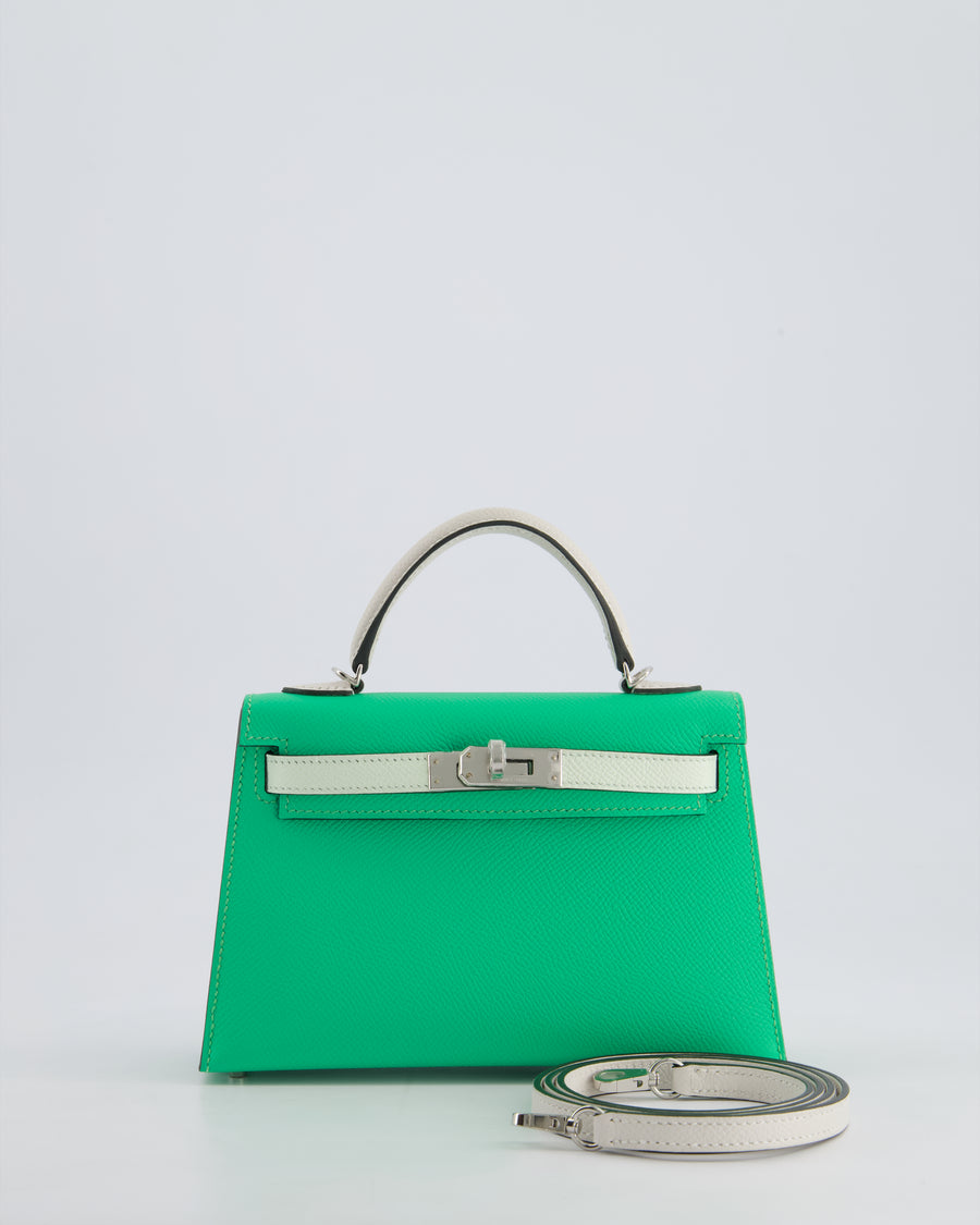 Hermès Mini Kelly II Tricolour 20cm Bag In Vert Comics, Vert Fizz and Gris Pale Epsom Leather with Palladium Hardware