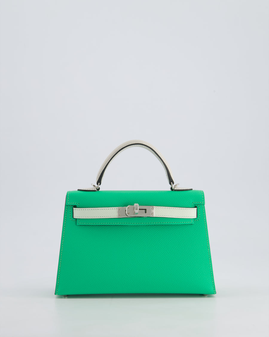 Hermès Mini Kelly II Tricolour 20cm Bag In Vert Comics, Vert Fizz and Gris Pale Epsom Leather with Palladium Hardware