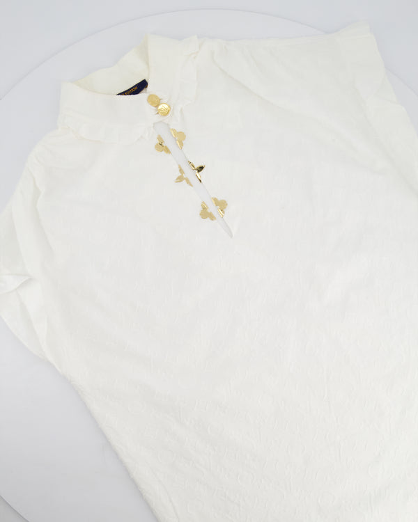 Louis Vuitton White Cotton Short Sleeve Shirt With Monogram Embroidery and Gold Logo Detail Size FR 36 (UK 8)