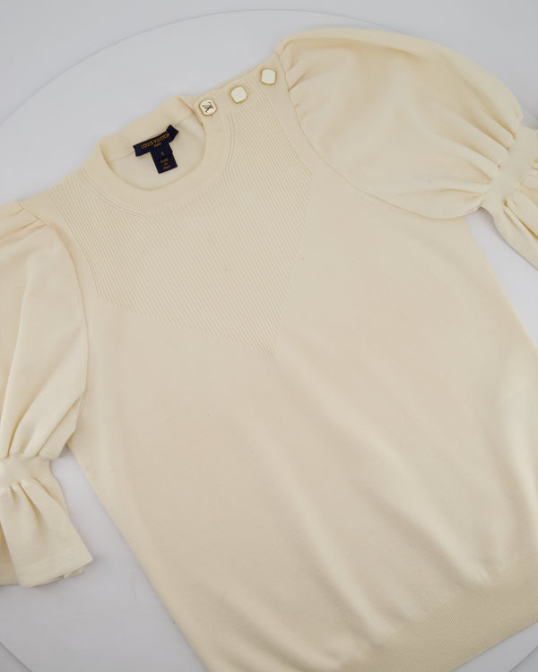 Louis Vuitton Cream Puff Sleeve Fine Knit Top with Logo Button Detail Size S (UK 8)
