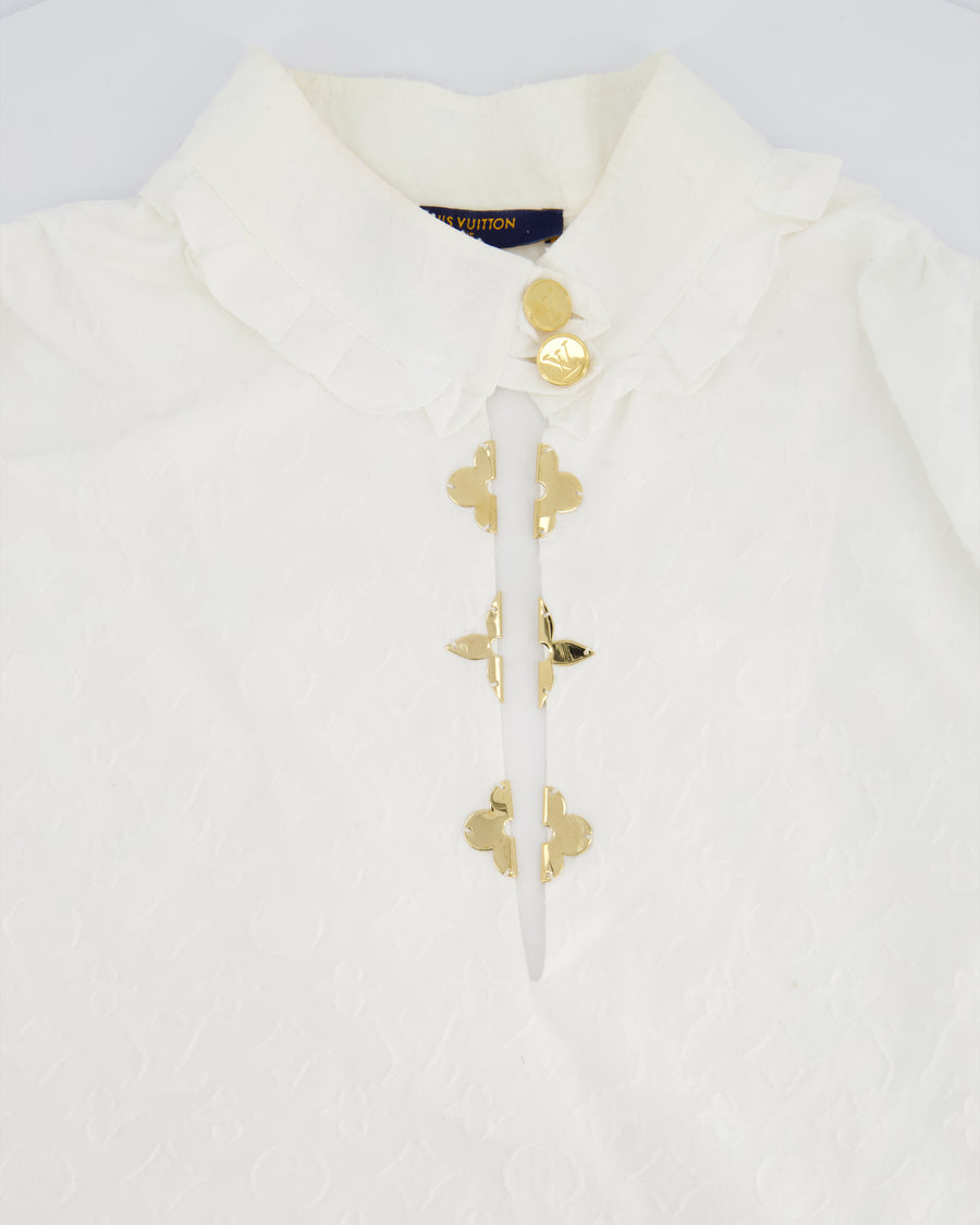 Louis Vuitton White Cotton Short Sleeve Shirt With Monogram Embroidery and Gold Logo Detail Size FR 36 (UK 8)