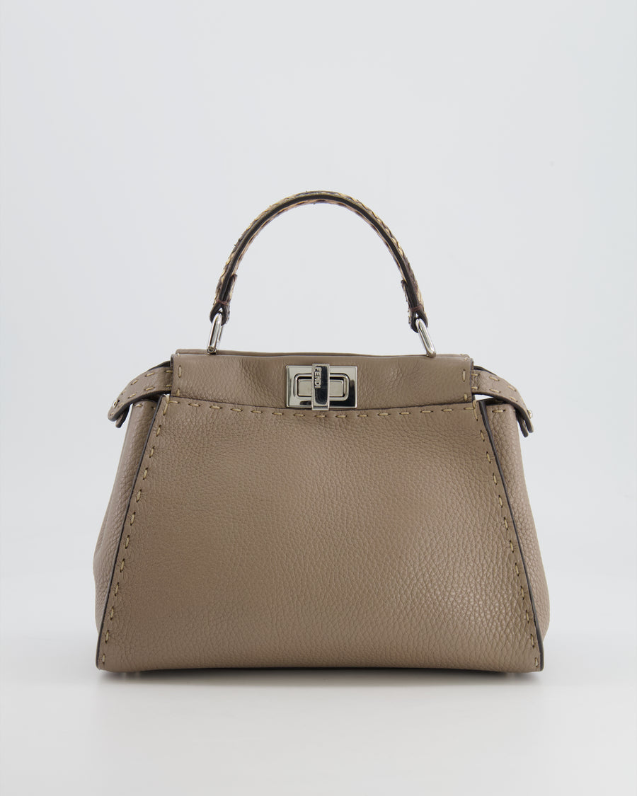 Fendi Taupe Leather Small Peekaboo Bag with Silver Hardware and Snakeskin Top Handle RRP £3,900