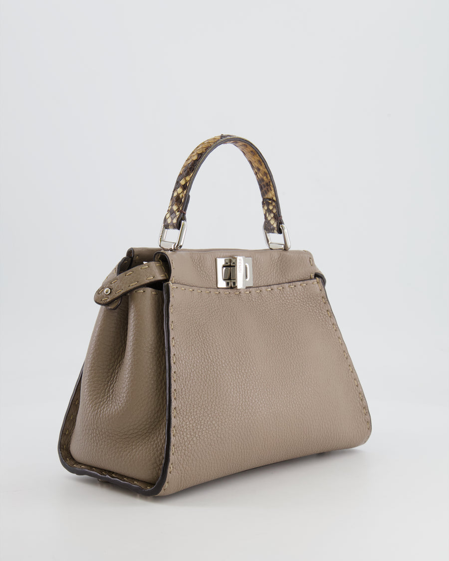 Fendi Taupe Leather Small Peekaboo Bag with Silver Hardware and Snakeskin Top Handle RRP £3,900
