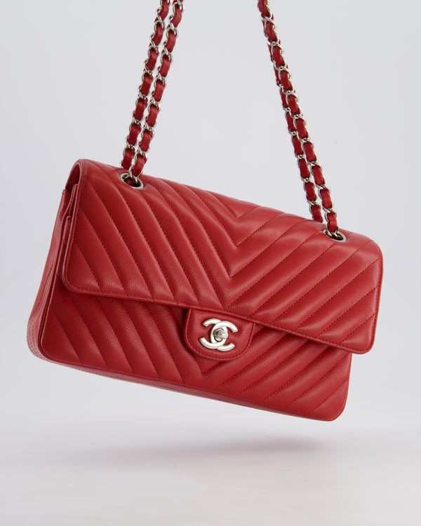Chanel Red Chevron Medium Classic Double Flap Bag in Caviar Leather with Silver Hardware