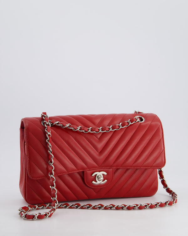 Chanel Red Chevron Medium Classic Double Flap Bag in Caviar Leather with Silver Hardware