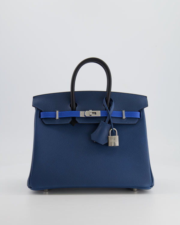 Hermès Birkin 25cm Retourne Tricolour in Deep Blue, Bleu Hydra and Black Epsom Leather with Palladium Hardware