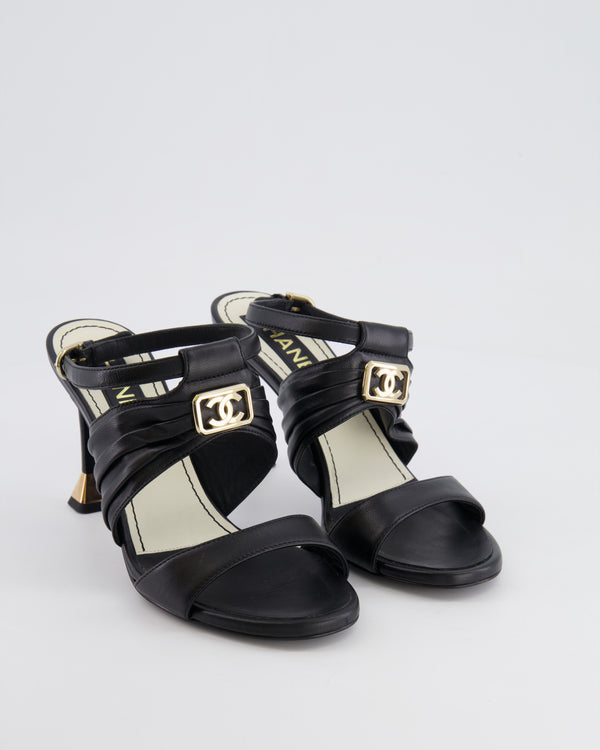 Chanel Black Leather Sandal Heels with Gold CC Details Size EU 37