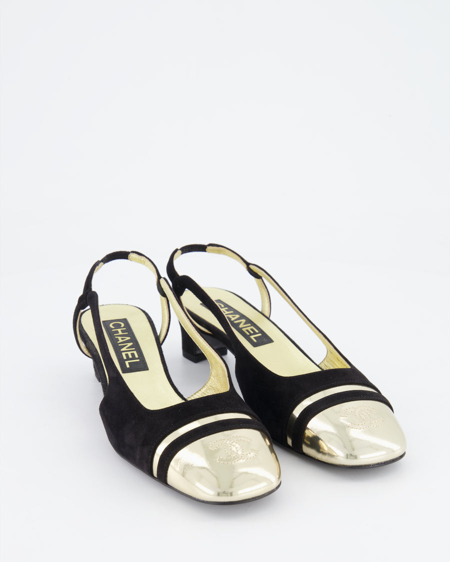 Chanel Black Suede Slingback Heel with Gold CC Detail Size EU 36C