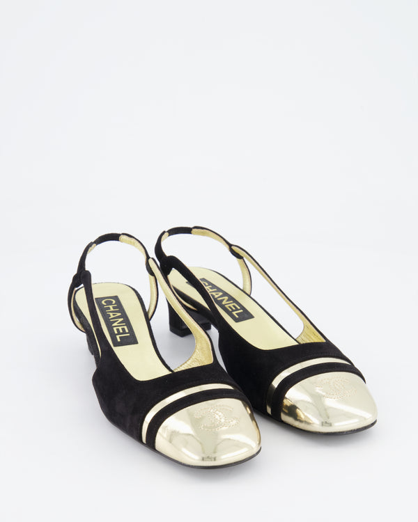 Chanel Black Suede Slingback Heel with Gold CC Detail Size EU 36C