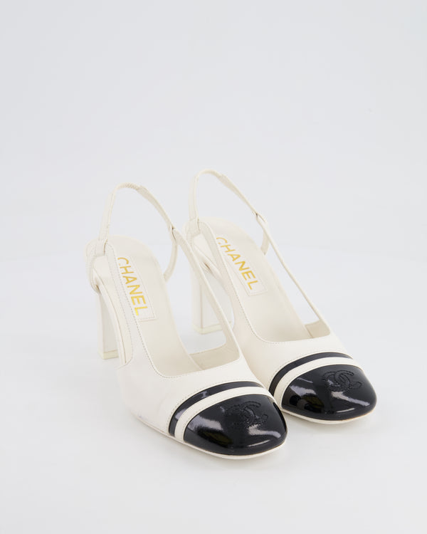 Chanel White Leather Slingback Heel with Black Patent CC Detail Size EU 36C