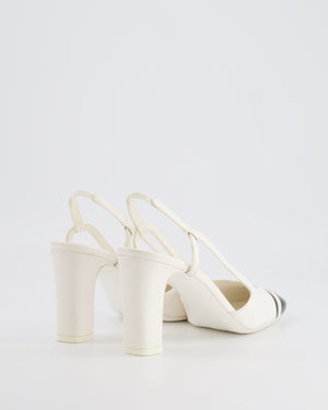 Chanel White Leather Slingback Heel with Black Patent CC Detail Size EU 36C