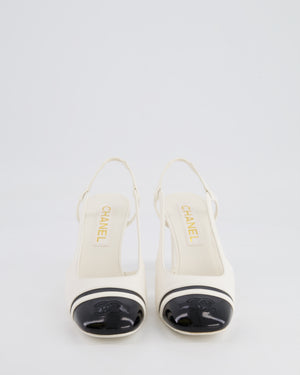 Chanel White Leather Slingback Heel with Black Patent CC Detail Size EU 36C