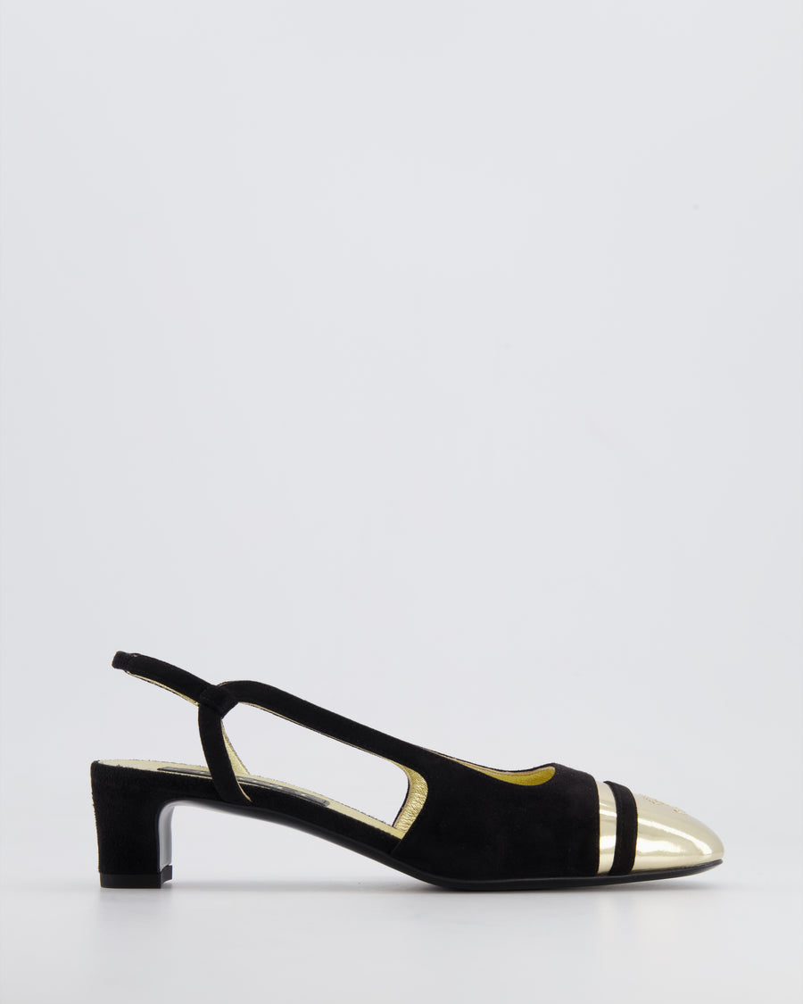 Chanel Black Suede Slingback Heel with Gold CC Detail Size EU 36C