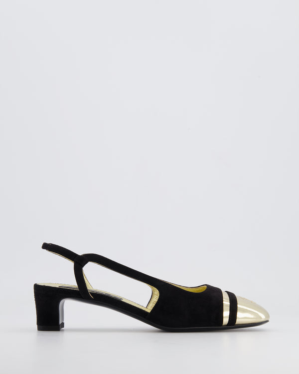 Chanel Black Suede Slingback Heel with Gold CC Detail Size EU 36C