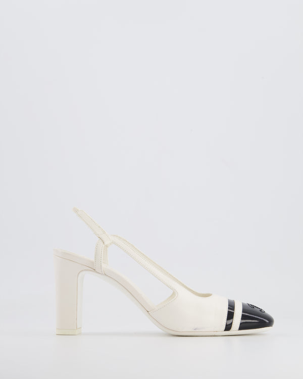 Chanel White Leather Slingback Heel with Black Patent CC Detail Size EU 36C
