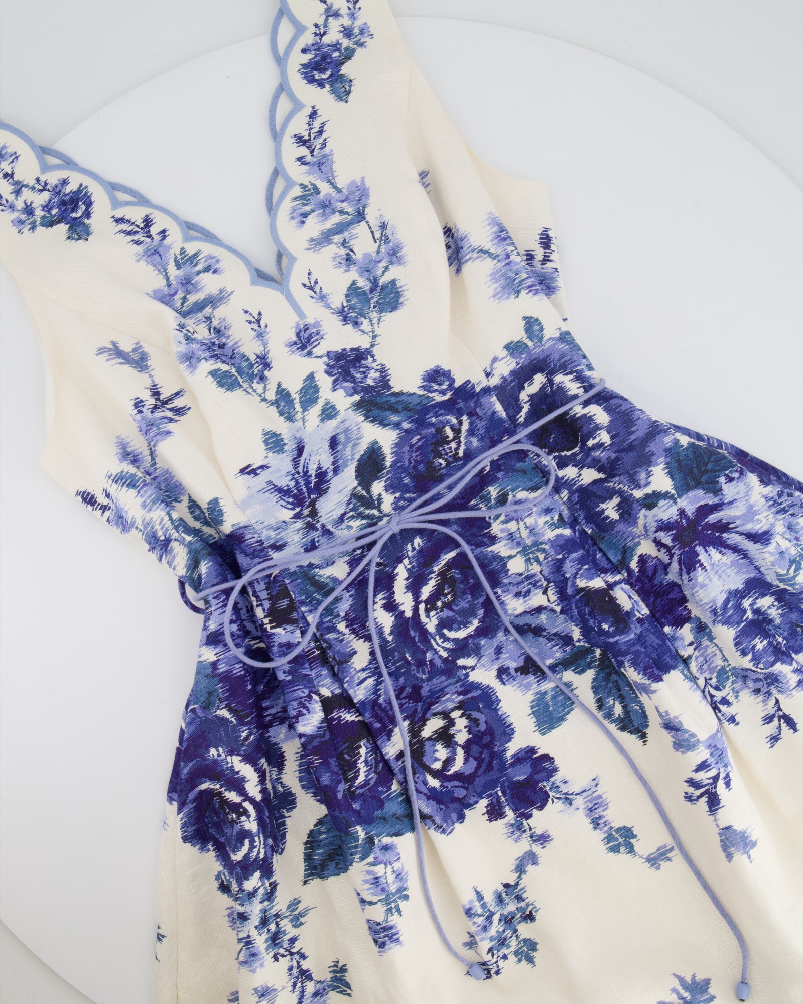 Zimmermann White and Blue Sleeveless Scalloped Belted Mini