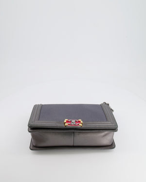 Chanel Grey Silver Medium Cube Calfskin Boy Bag with Silver, Gold and Red Hardware Hardware