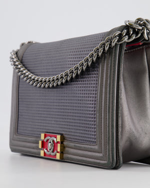 Chanel Grey Silver Medium Cube Calfskin Boy Bag with Silver, Gold and Red Hardware Hardware