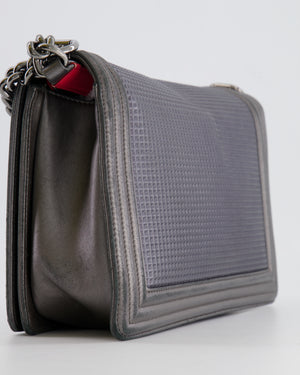 Chanel Grey Silver Medium Cube Calfskin Boy Bag with Silver, Gold and Red Hardware Hardware