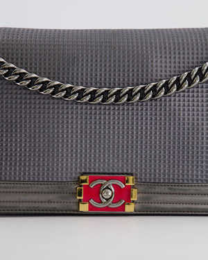 Chanel Grey Silver Medium Cube Calfskin Boy Bag with Silver, Gold and Red Hardware Hardware