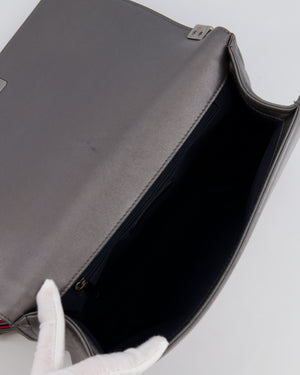 Chanel Grey Silver Medium Cube Calfskin Boy Bag with Silver, Gold and Red Hardware Hardware