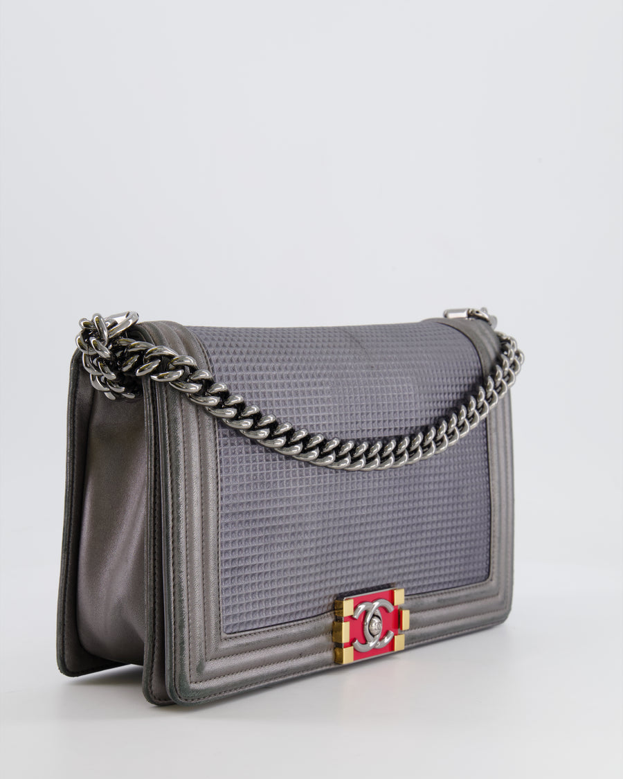 Chanel Grey Silver Medium Cube Calfskin Boy Bag with Silver, Gold and Red Hardware Hardware
