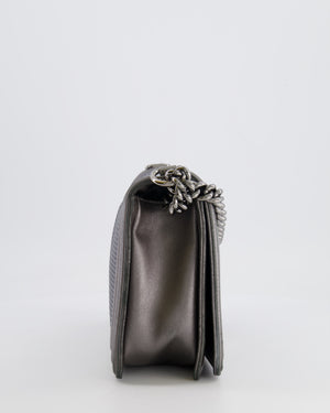 Chanel Grey Silver Medium Cube Calfskin Boy Bag with Silver, Gold and Red Hardware Hardware