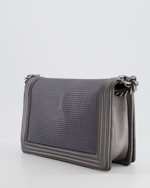 Chanel Grey Silver Medium Cube Calfskin Boy Bag with Silver, Gold and Red Hardware Hardware