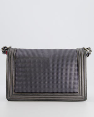 Chanel Grey Silver Medium Cube Calfskin Boy Bag with Silver, Gold and Red Hardware Hardware